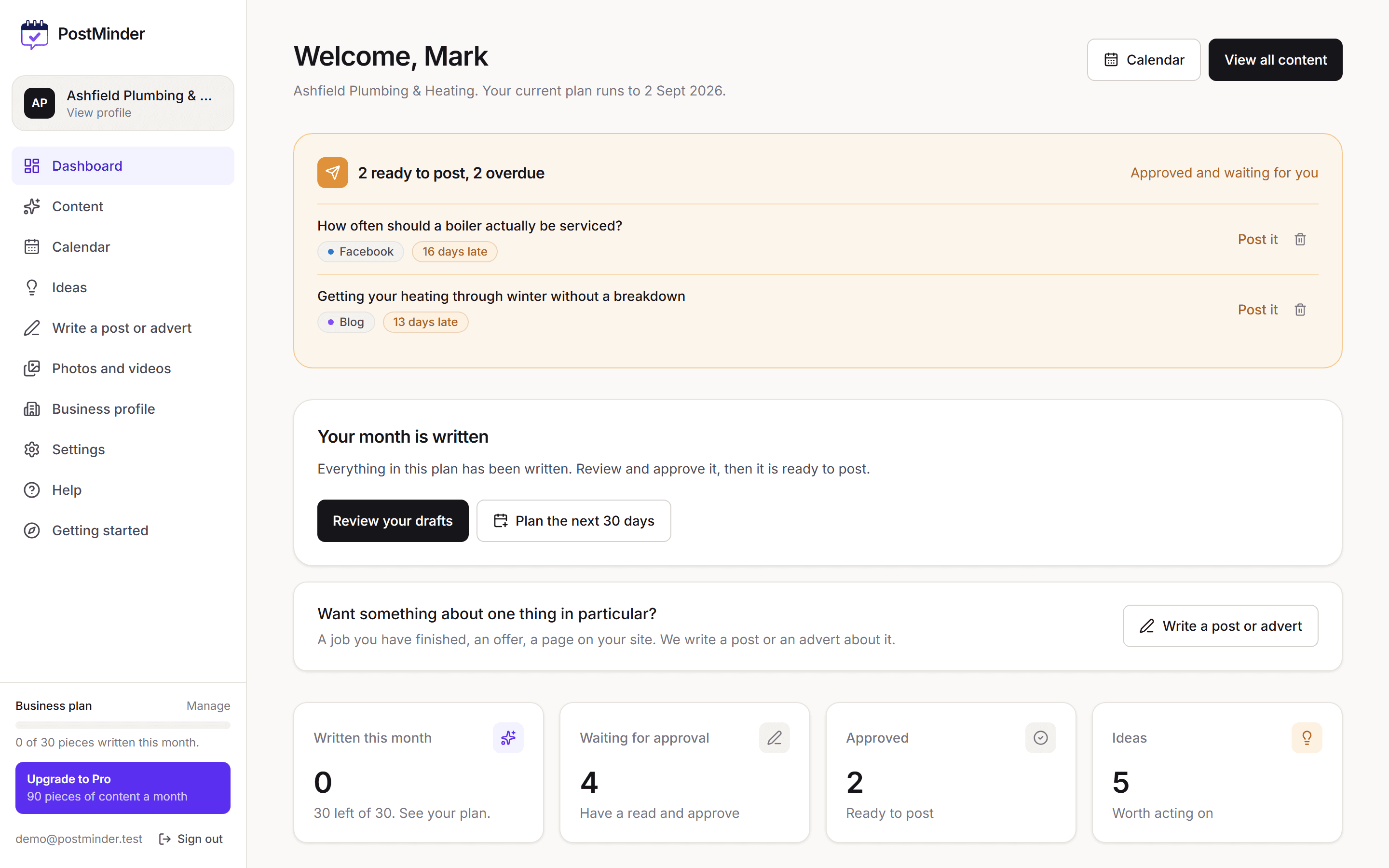 The PostMinder dashboard: what is written, what is waiting for approval, and what goes out next.